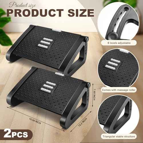 2 Pcs Foot Rest for Under Desk at Work, Ergonomic 6 Heights Adjustable Footrest with Massage Roller, Chair Footrest for Leg Rests for Office and Home Pressure Relief(Black)