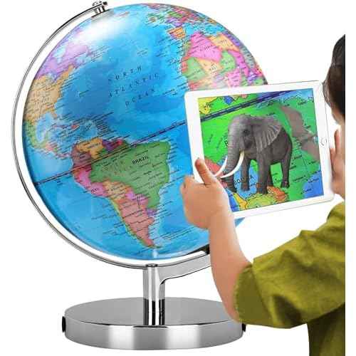 AR Illuminated World Globe for Kids - Rewritable Colorful Easy-Read High Clear Map, Educational Interactive STEM Toy, Light Up Lamp, Night Light LED Decor