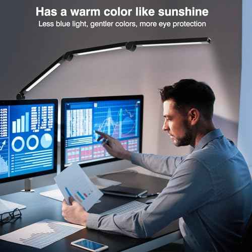 LED Desk Lamp with Clamp, Adjustable Swing Arm for Home Office, Dimmable Tempering Eye Care Table Light, Black Aluminum