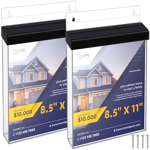 2 Pcs Outdoor Brochure Holder 8.5" x 11" with Lid Acrylic Wall Mount Flyer Box with Self Closing Lid Waterproof Heavy Duty with Screw for Real Estate Flyer Document Pamphlet Display (Black)