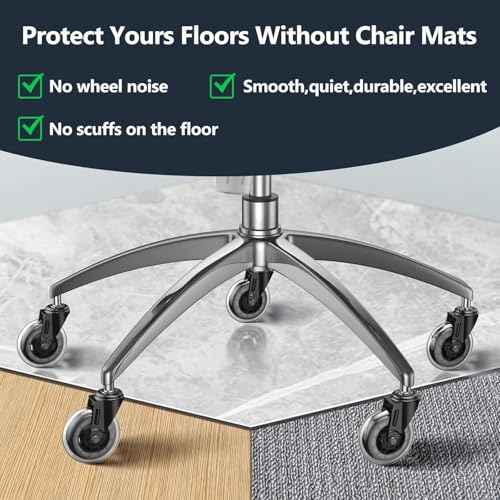 Office Chair Replacement Wheels Set of 5, 3" Heavy Duty Rubber, Safe for All Floors, Quiet, Universal Fit & Quick Installation Easy to Install on Hardwood & Carpet