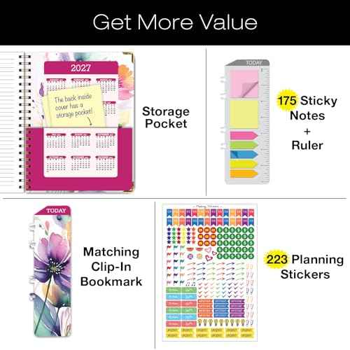 HARDCOVER 2026 Planner, 8.5"x11": 14 Months (November 2025 - December 2026), Daily Weekly Monthly Planner, Yearly Agenda, Bookmark, Pocket Folder and Sticky Note Set (Rainbow Floral)
