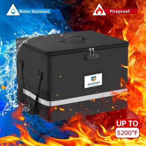 Fireproof File Box with Lock, 5200¡ÆF Document Box Storage Organizer, Suitable for Hanging File Folders in Letter Size, Collapsible Box, Reflective Strip for Fast Find (16.6*12.6*10.2, Black)