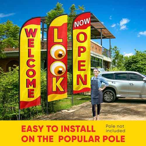 Open Flags for Businesses, Advertising Flags for Outside, Restaurant and House, Look, Welcome, Now Open Banner, Set of Three Feather Flag 12ft x 2.5ft (Pole not included)
