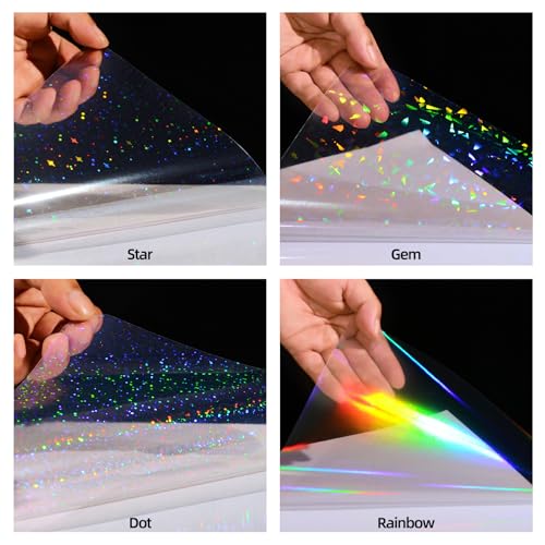 36 Sheets Holographic Sticker Paper - Clear Self-Adhesive Vinyl with Gem, Dot, Star, Colorful Patterns
