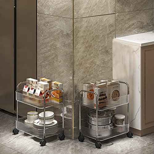 2-Tier Utility Rolling Cart Storage Organizer Sofa Side Table with Wheels, Under Desk Mobile Trolley Organizer with Handle and 2 Hanging Baskets for Office Home Kitchen Organization, Transparent