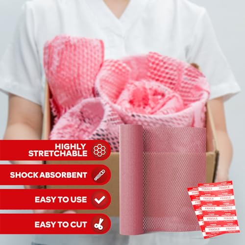 Pink Honeycomb Packing Paper for Moving 12x66 Feet - Cushion Wrap with Fragile Stickers