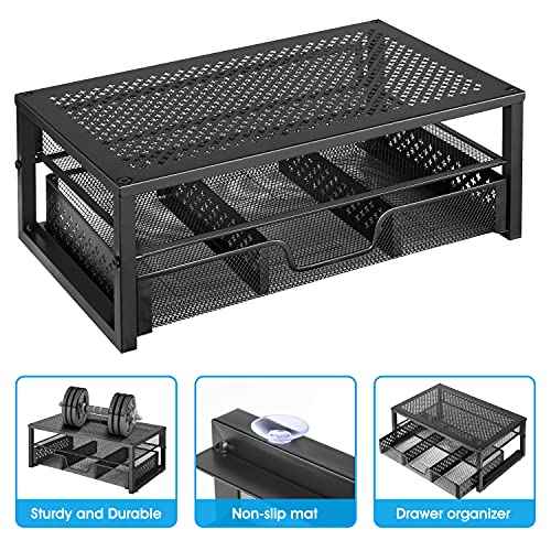 Simple Trending 2 Pack 2 Tier Metal Monitor Riser Stand and Computer Desk Organizer with Drawer, Black