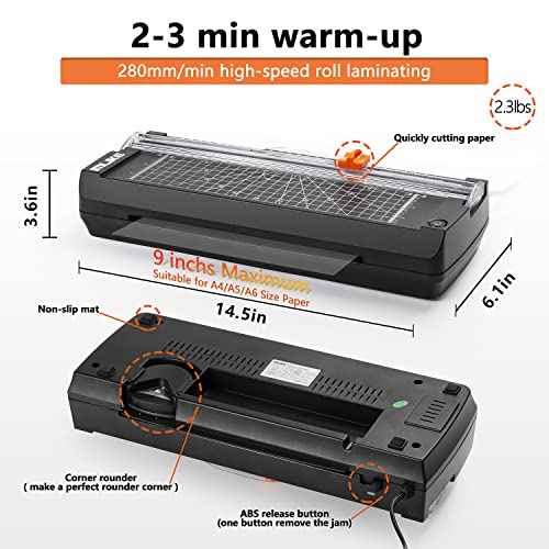 IMLIKE A4 Thermal Laminator with Laminating Pouches - 9" Photo Laminating Machine, Built-in Paper Trimmer, 6-in-1 Black Laminator for Home, School, and Office Use