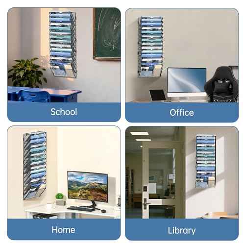 14 Tier Wall Hanging File Organizer, Paper Folder Holder Wall Mounted, Metal Mail Sorter for Office Home School, Black