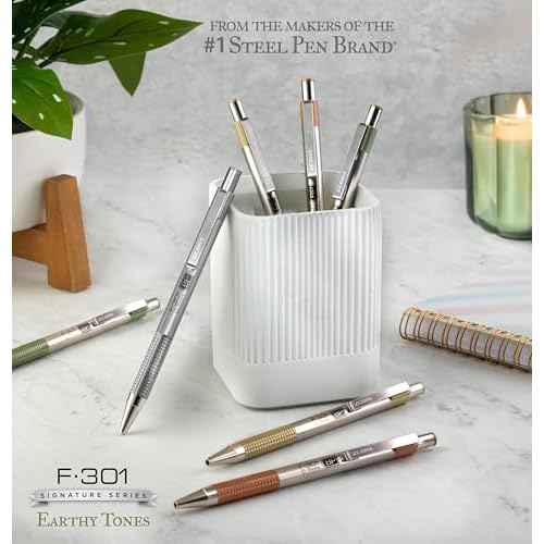 Zebra Pen F-301 Signature Series Retractable Ballpoint Pen, 0.7mm, Black Ink, Durable Stainless-Steel Barrel with Earthy Tones Accents, Assorted Barrel Accents, 4-Pack (27304)
