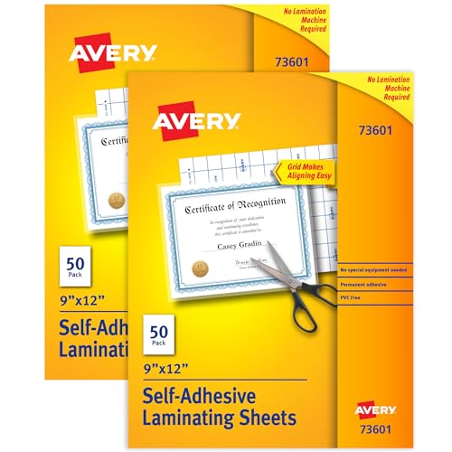 Avery Clear Laminating Sheets, 9" x 12", Permanent Self-Adhesive, 100 Self-Laminating Sheets, Great for Protecting Documents, Photos, and Signs More (2-Pack of 73601)