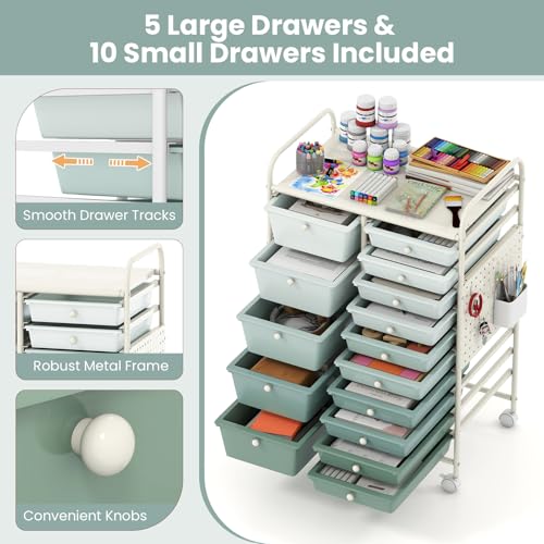 Giantex Green Gradient 15-Drawer Rolling Storage Cart with Metal Tabletop & Pegboard