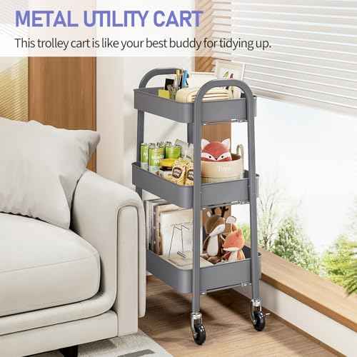 TOOLF Metal Utility Cart No Screw, 3-Tier Easy Assemble Utility Serving Cart, Sturdy Storage Trolley with Handles & Lockable Wheels for Kitchen Garage Bedroom Bathroom, Pure Grey