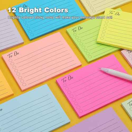 12 Pads to Do List Sticky Notes, 504 Sheets, 3x4 Inch with Line Adhesive Memo, 12 Bright Multi Colors Self-Stick Note Pads, to Do List Notepad, Easy to Use for Home, Office, Notebook