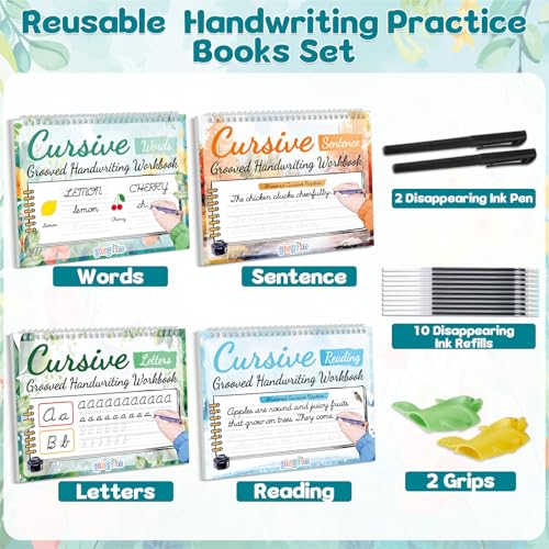 GISGFIM 4-Pack Grooved Cursive Handwriting Workbook Kit with Disappearing Ink Pens - Style 1 for Kids & Teens