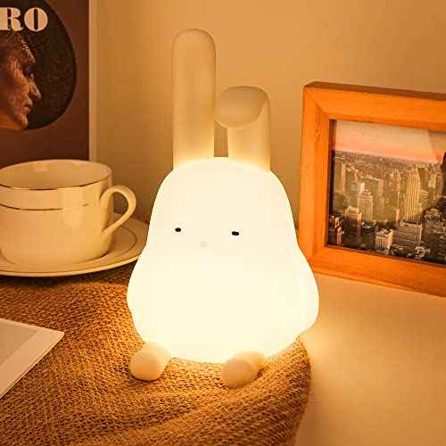 QANYI Cute Simple Design Small Desk Decor Nightlight with Bunny Phone Stand, Soft Lovely Rabbit LED Squishy Light Up Bunny, Bedside Kawaii Lamp for Women Teens Kids Gift