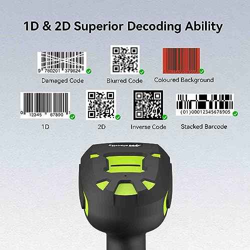 Alacrity Upgraded 2D Industrial Barcode Scanner with Wireless Charging Stand, 1968 Feet Transmission Distance 433Mhz Wireless & Bluetooth 2in1 Barcode Reader, Shock Dust Proof Hands Free, Green
