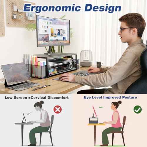 Desk Organizer and Accessories, 2-Tier Computer Monitor Stand Riser with Drawer and 2 Pen Holders, Laptop Stand, Office Desk Accessories for Office Supplies, Black