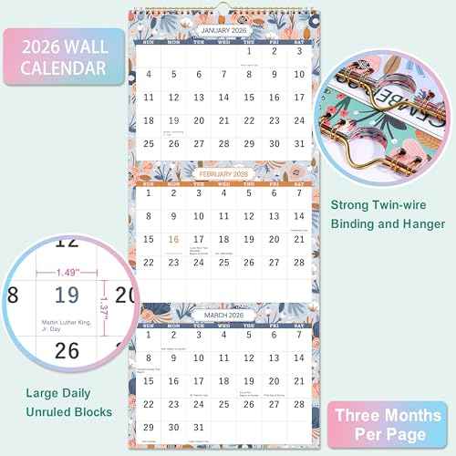 2026 Wall Calendar - Jan. 2026 - Dec. 2026, 3 Month Wall Calendar Display (Folded in one Month), 11.25" x 26", 3 Month Calendar 2026