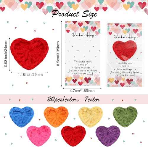 140 Sets Emotional Support Gift Bulk Cute Hand Crocheted Pocket Hug Heart Inspirational Cards and Bags Classroom Gift Exchange Party Favors for Preschool Toddler Boy Girls