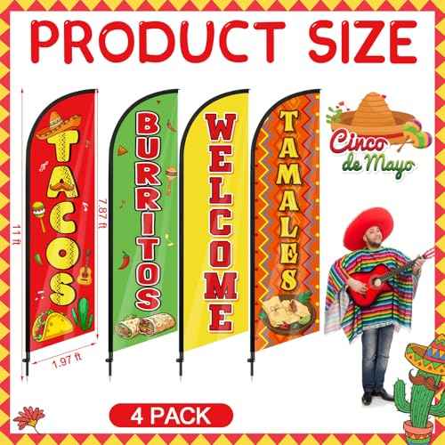 4 Pcs Mexican Food Tacos Feather Flag 7. 9 ft x 23. 6 Inch Mexican Restaurants Advertising Banner Sign for Burritos Tamales and Welcome Advertising Flags Businesses Markets Outside