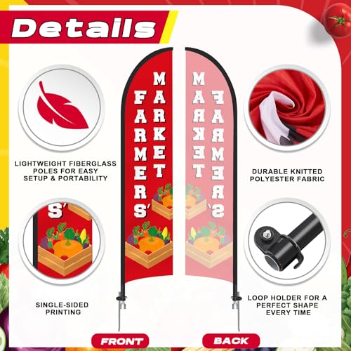 15 ft Farmers Market Advertising Feather Flag with Pole and Ground Stake, Fresh Produce Farmers Market Swooper Flag Banner Decor for Fruits Vegetables Fresh Produce Food Business Stands