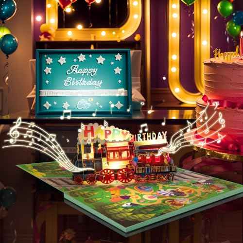 Musical Train Birthday Cards, 3D Lights and Music Happy Birthday Card, Pop Up Birthday Card, Funny Train Birthday Gift, for Son Daughter Boys Girls Nephews Nieces Kids Friends.