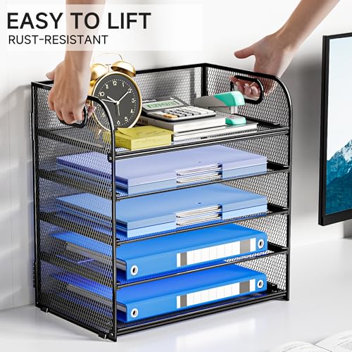 Paper Organizer Letter Tray with Handle Mesh 5 Trays Desk File Organizer Paper Sorter Desk Organizer for Office, Home or School-Black