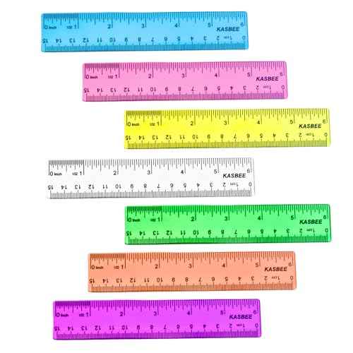 6 Inch Rulers, Colored Clear Rulers, Centimeters and Inches, Plastic Ruler for Kids, School, Home, Office, Pack of 7
