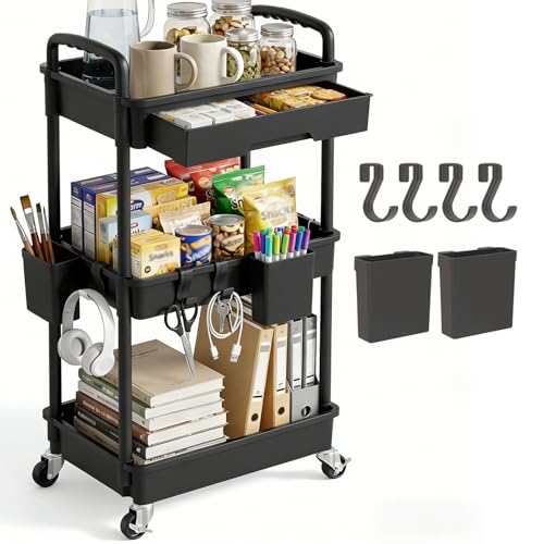 LLMRR 3-Tier Black Rolling Utility Cart with Drawer & Hooks - Multi-Purpose Storage