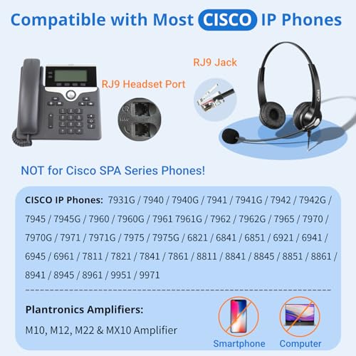 Callez RJ9 Phone Headset with Mic Noise Cancelling, Office Telephone Headset with Quick Disconnect Cord Compatible with Cisco IP Phones 7940 7941 7942 7945 7960 7962 7965 7821 7841 8811 8841 8845 8851