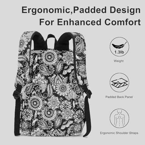 Searock Quilted Backpack for Women, Floral Backpack for School Girls, Cotton Lightweight Bookbag for Travel, Work Black