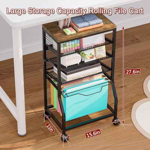 Rolling File Cart,Under Desk Organizer on Lockable Wheels and Mesh Sliding Trays Multi-Functional Rolling Clutter Cart for Office, Home, School (Black, 5 Tier)