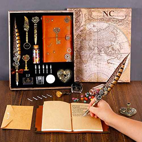 NC Feather Pen Ink Set, Includes Quill Pen, Notebook, 5 Replaceable Nibs, Stamp, Spoon, Wax Beads, White Wax, Ink, Pen Holder, Cup, Envelope, Letter Paper