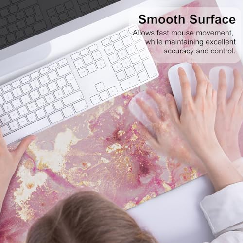QiyI Rose Gold Marble Large PU Leather Mouse Pad 31.5" x 15.7" Office Decor