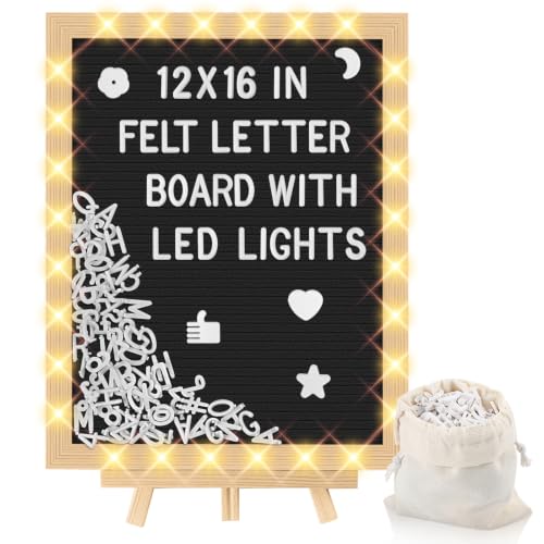 ANWEOR 12x16 Inch Felt Letter Board with LED Lights, Changeable Message, Black