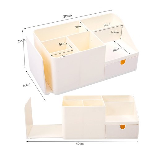 Shoccolt Desk Organizer with Drawer Large Capacity Bookends Stationary Supplies Bookshelf Accessories Pen Holder Caddy Makeup Storage Plastic Book Organizer (Large, Beige)