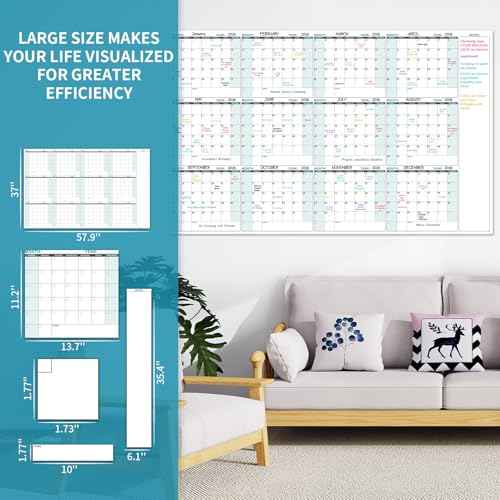 Large Dry Erase Calendar for Wall ? Yearly Wall Calendar Dry Erase, 58" x 37", 12-Month Undated Blank Calendar Planner, Reusable Laminated with 15 Round Stickers, Perfect Large Wall Calendar for Office, Home and Classroom