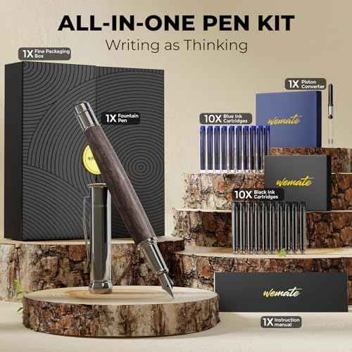 WEMATE Wood Fountain Pen with Ergonomic Grip, Fine Nib, 20 Ink Cartridges(10 Black&10 Blue), 1 Ink Converter, Smooth Writing&No Skips, Office Gift for Men, Professional