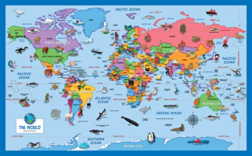 Laminated 2-Pack Kids World & USA Map Posters - 18x29 Inches, Illustrated
