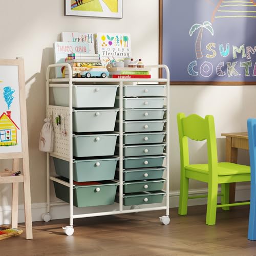 Giantex Green Gradient 15-Drawer Rolling Storage Cart with Metal Tabletop & Pegboard