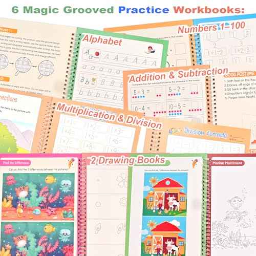 Magic Grooved Practice Copybook for Kids 3-8 - 6 Reusable Handwriting Practice Books with Pens | Letter & Number Tracing, Math & Drawing | Preschool & Kindergarten Workbook Set