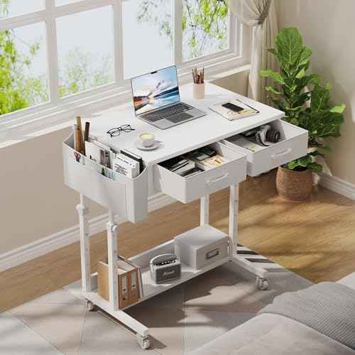 Small White Portable Rolling Standing Desk with Wheels, 32 Inch Adjustable Mobile Stand up Teacher Desks with 2 Fabric Drawers, Couch Sofa Side Laptop Table with Storage for Bedroom Home Office