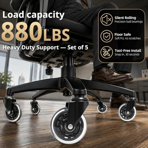LSWhee 3-Inch Office Chair Wheels, 880lbs Silent Castors, Transparent Black (5-pack) – Universal 7/16" Fit