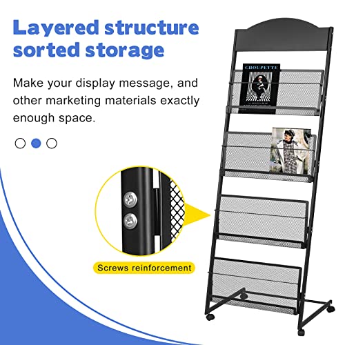 18.9''W Floor-Standing Magazine Display Rack, Rolling Journals, Brochure & Newspaper Stand, Literature Holder for Trade Shows, Exhibitions, & Offices, Black