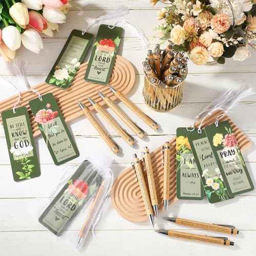 Spakon 100 Sets Mother's Day Church Gifts Bible Verse Bookmarks Inspirational Bamboo Pens Gift Bags Mom Christian Gifts Bulk Religious Mothers Day Party Favors