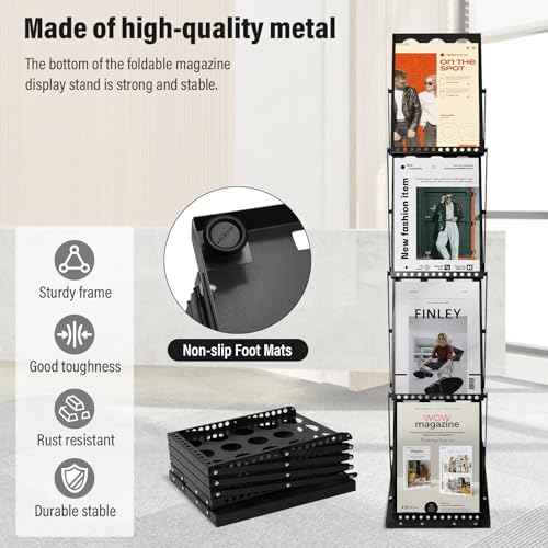 LIWSHWZ Foldable Literature Brochure Display Stand,4 Pocket Magazine Rack Floor with Carrying Bag for Trade Show Exhibitions Office,Trade Shows, Offices (Black)