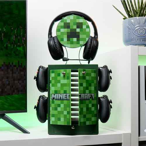 Numskull Official Minecraft Gaming Accessory Locker & Storage Stand ? Holds 10 Games/DVDs, 4 Controllers, Headset, and Accessories ? Durable & Compact Organizer ? Official Minecraft Merchandise