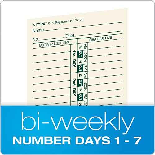 TOPS Time Cards, Bi-Weekly, 2-Sided, Numbered Days, 3-1/2" x 9", Manila, Green/Red Print, 500-Count (1275)
